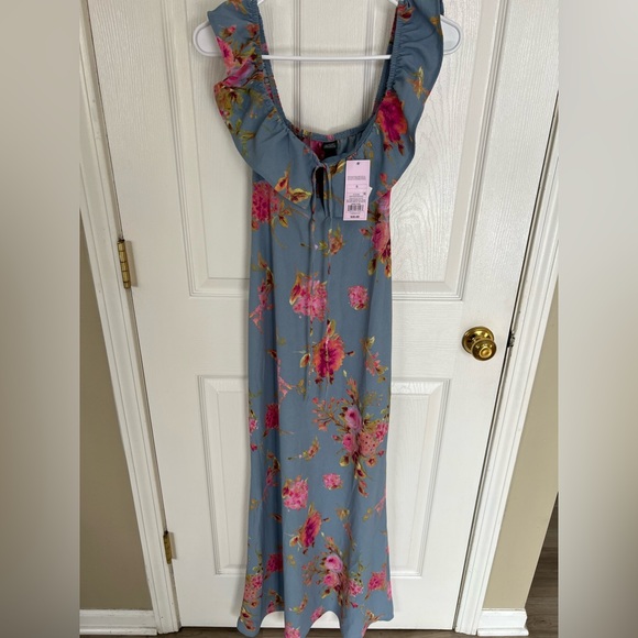 1) Wild Fable Flounce Sleeve Maxi Empire Waist Dress Blue Floral Size small - Picture 3 of 8